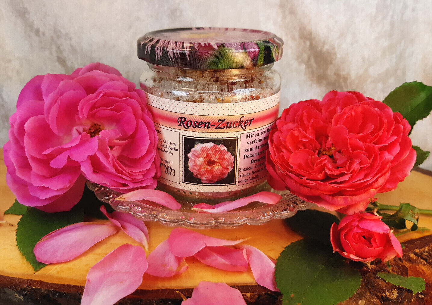 Zucker mit Berliner Rosenblüten, 100g, Spezialität m Duftrosenblüten